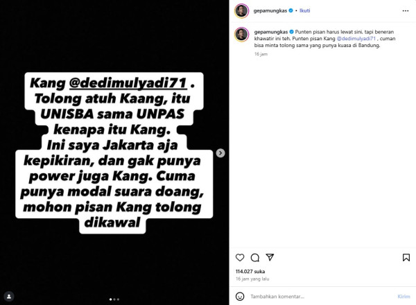 Unisba-Unpas Ditembak Gas Air Mata, Ge Pamungkas Tulis Surat Terbuka ke Dedi Mulyadi