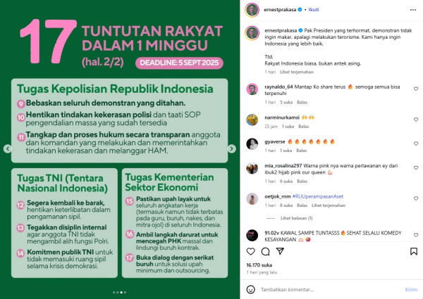 Ernest Prakasa Ikut Suarakan 17+8 Tuntutan Rakyat: Kami hanya Ingin Indonesia Lebih Baik