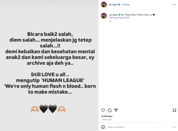 Ari Lasso Pasang Badan Bela Mantan Istri, Minta Warganet Stop Hujat