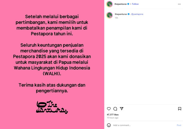 Batal Tampil di Pestapora 2025, The Panturas Donasikan Penjualan Merchandise untuk Papua