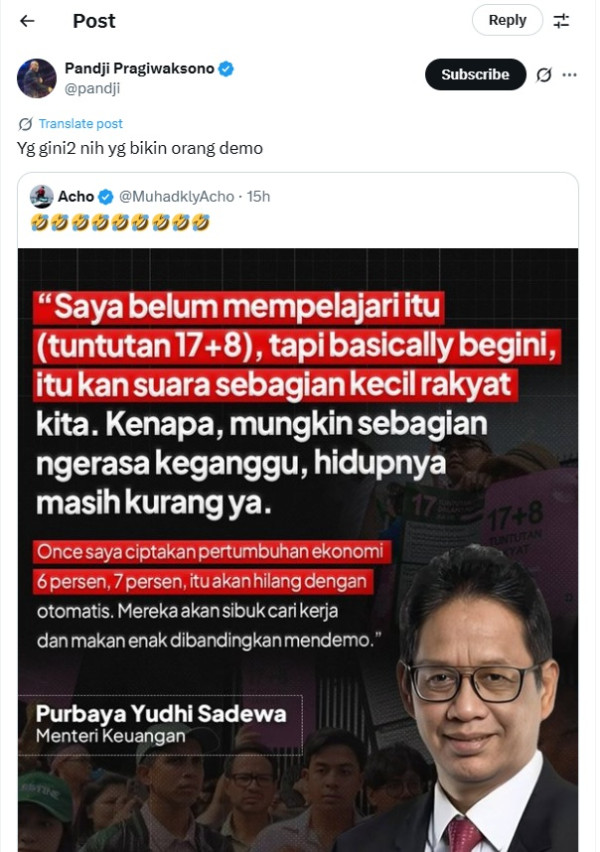 Pandji Pragiwaksono Sindir Menkeu Purbaya soal 17+8 Tuntutan Rakyat: yang Gini-gini Bikin Demo