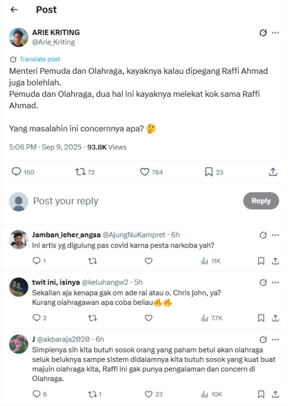Raffi Ahmad Diisukan Jadi Menpora, Arie Kriting Beri Sindiran Tajam