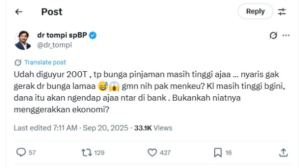 Tompi Kritik Menkeu Purbaya, Sebut Dana Rp200 Triliun Tak Turunkan Bunga Pinjaman