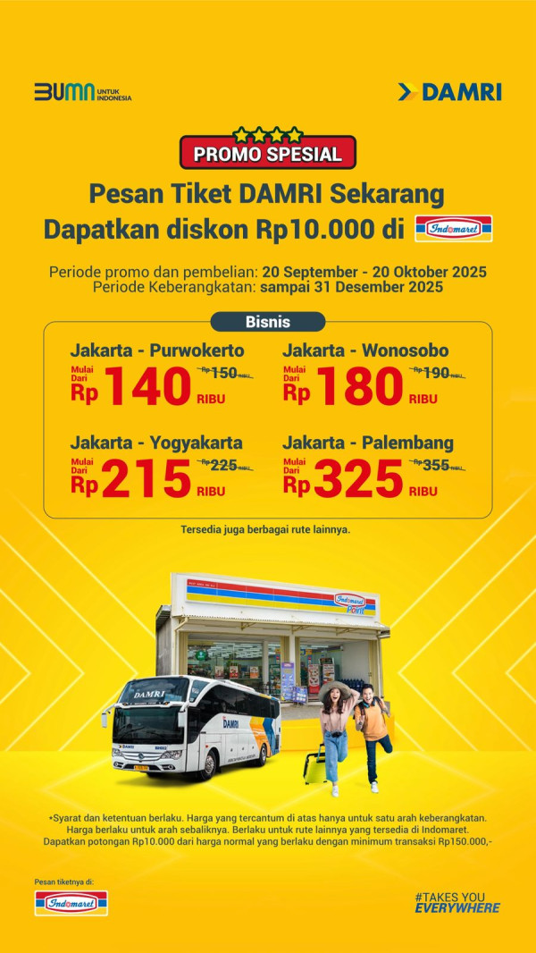 Tiket DAMRI Kini Bisa Didapatkan di Indomaret, Hadir dengan Promo Spesial