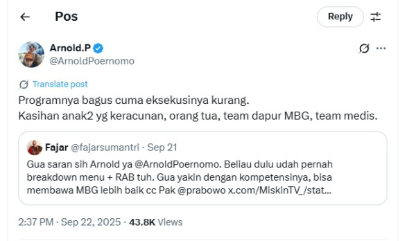 Chef Arnold Kritik Program MBG, Soroti Eksekusi yang Lemah