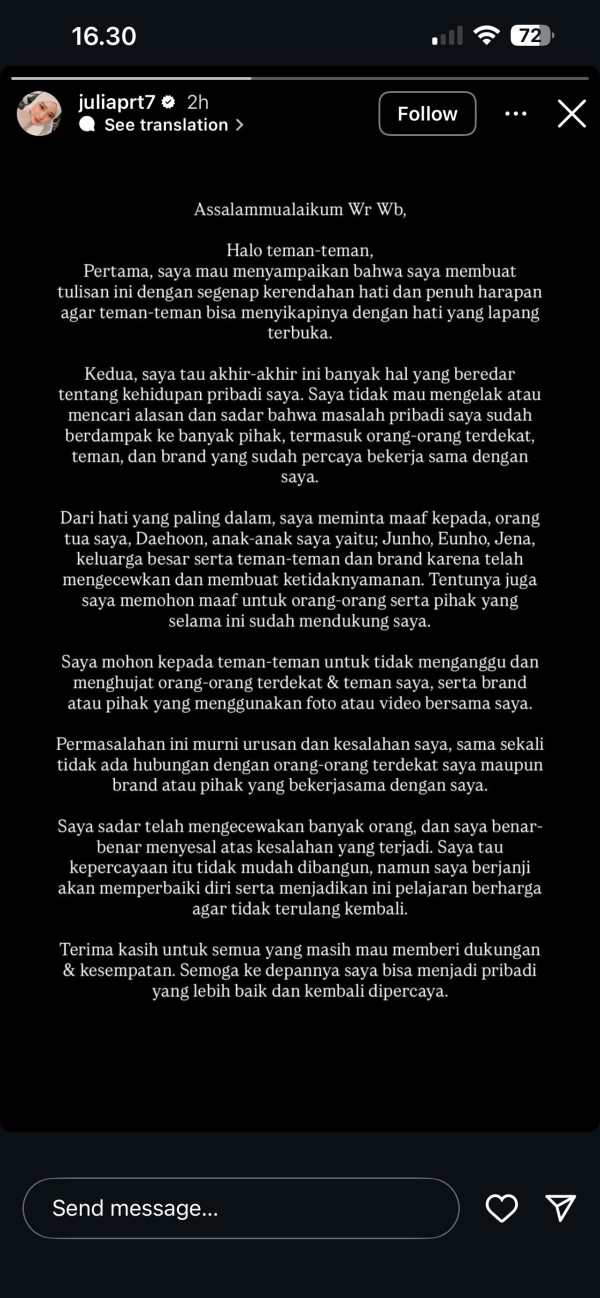 Akhirnya Julia Prastini Akui Selingkuh, Minta Maaf ke Na Daehoon dan Anak-anak