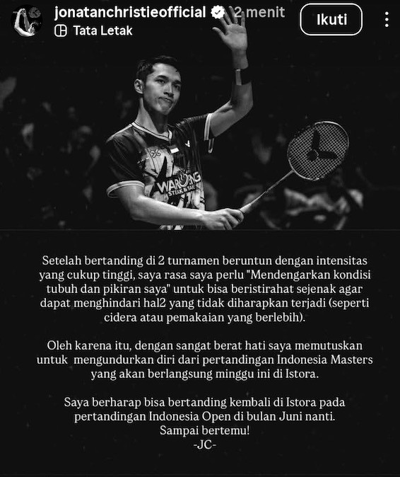 Kejutan, Jonatan Christie Mundur dari Indonesia Masters 2026