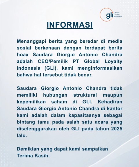 PT GLI Bantah Giorgio Antonio CEO dan Pemilik Perusahaan, Ini Klarifikasi Lengkapnya!