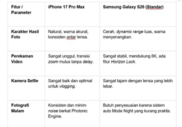 Kamera iPhone 17 Pro Max vs Samsung Galaxy S26, Pilih Mana?