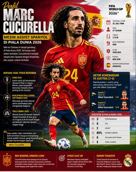 Profil Marc Cucurella, Mesin Assist Spanyol di Piala Dunia 2026