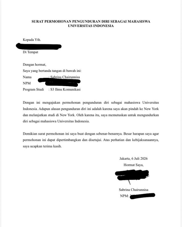 Sabrina Chairunnisa Mundur dari S3 UI, Pilih Lanjut Kuliah di New York