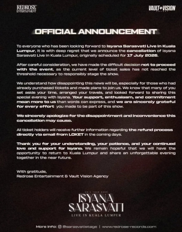 Konser Isyana Sarasvati di Kuala Lumpur Batal, Penjualan Tiket Tak Capai Target